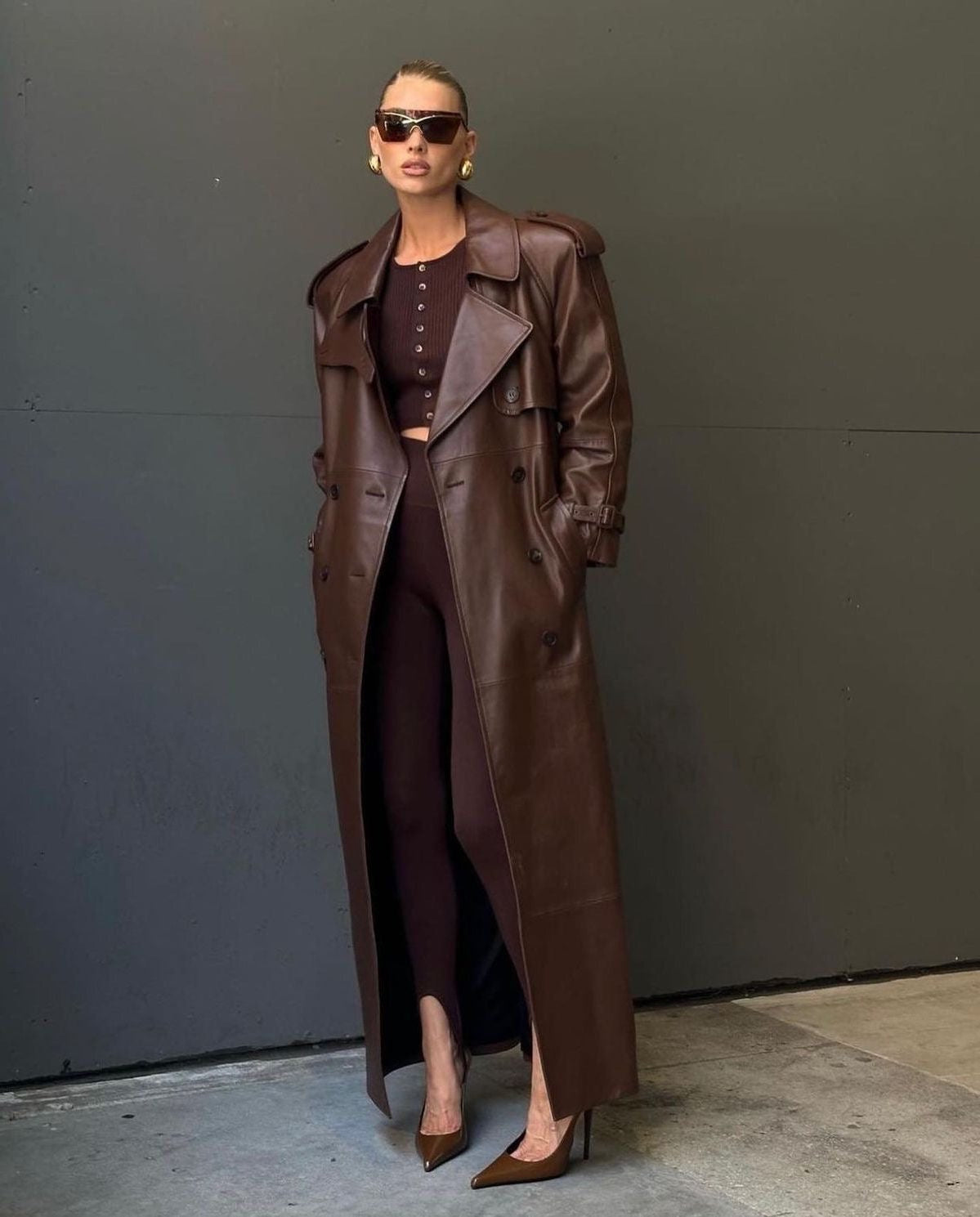 Double-Breasted Leather-Look Trench Coat with Buckled Cuffs