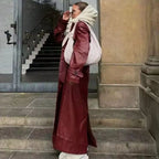 Double-Breasted Leather-Look Trench Coat with Buckled Cuffs