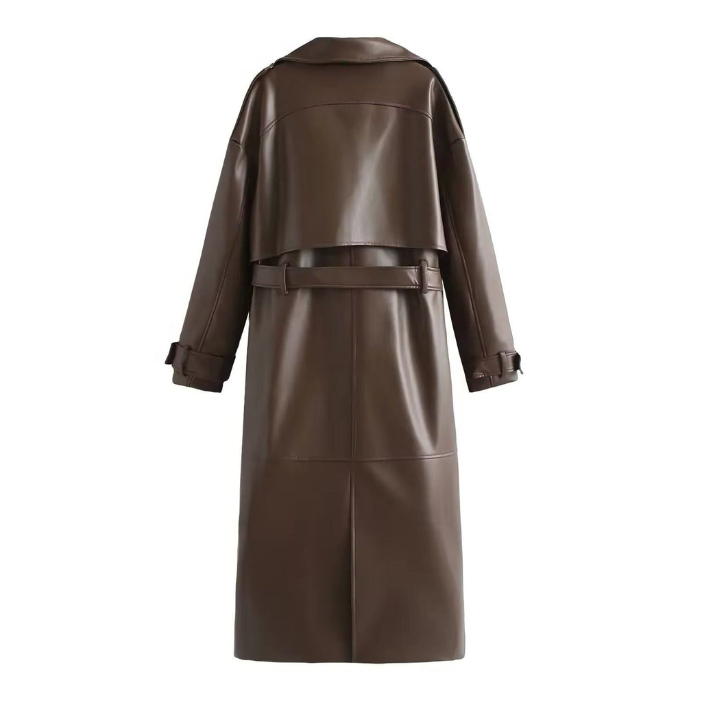 Double-Breasted Leather-Look Trench Coat with Buckled Cuffs