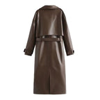 Double-Breasted Leather-Look Trench Coat with Buckled Cuffs