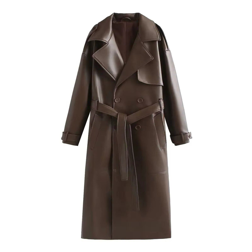 Double-Breasted Leather-Look Trench Coat with Buckled Cuffs - Brown