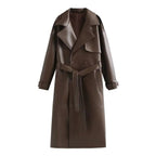 Double-Breasted Leather-Look Trench Coat with Buckled Cuffs - Brown