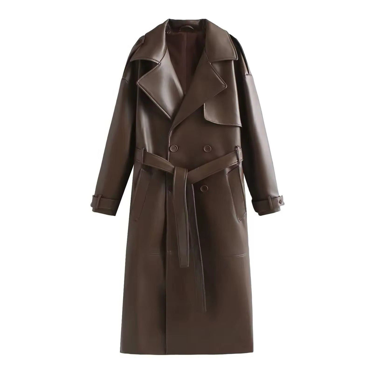 Double-Breasted Leather-Look Trench Coat with Buckled Cuffs - Brown