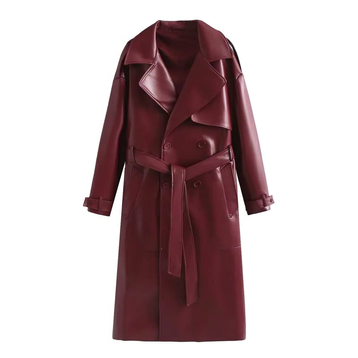 Double-Breasted Leather-Look Trench Coat with Buckled Cuffs - Red