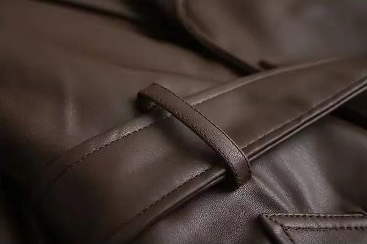 Double-Breasted Leather-Look Trench Coat with Buckled Cuffs