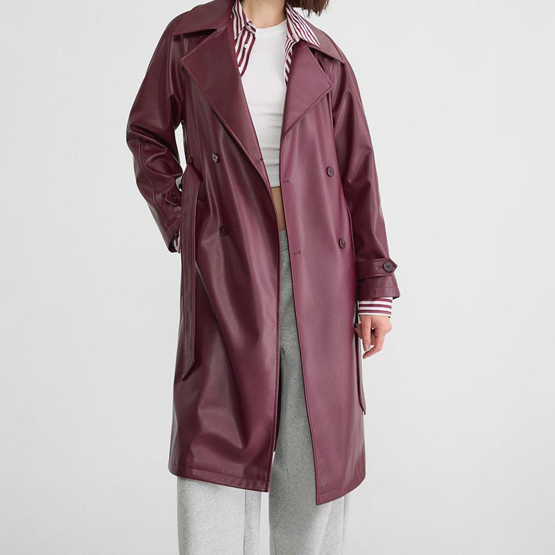 Double-Breasted Leather-Look Trench Coat with Striped Cuffs