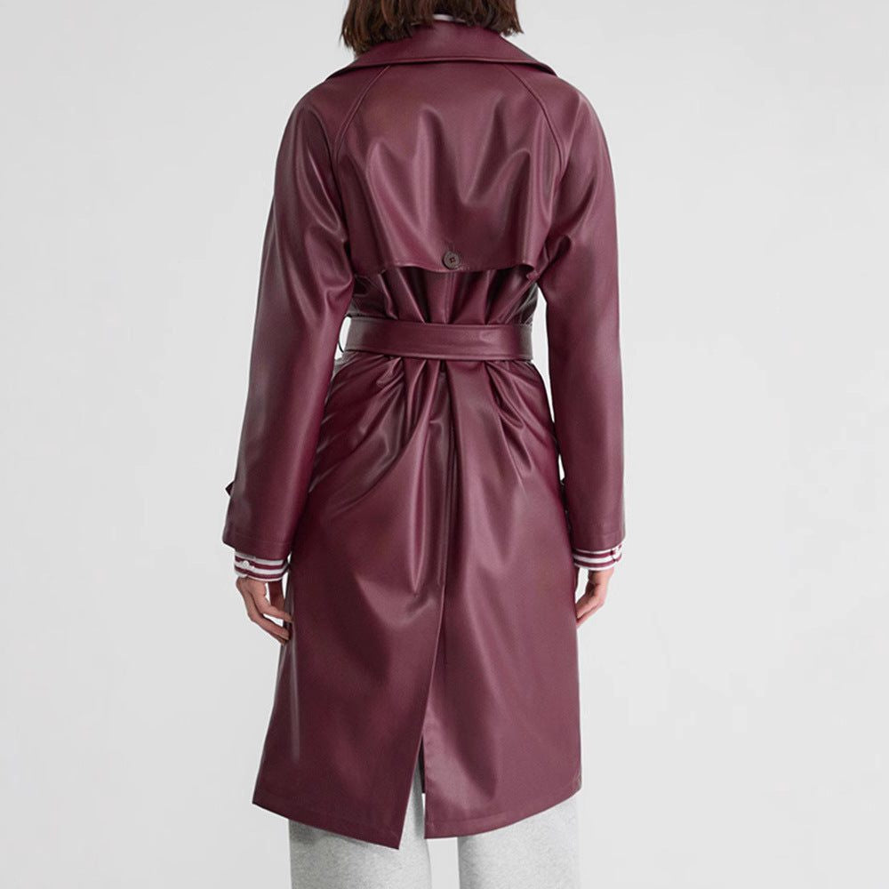 Double-Breasted Leather-Look Trench Coat with Striped Cuffs