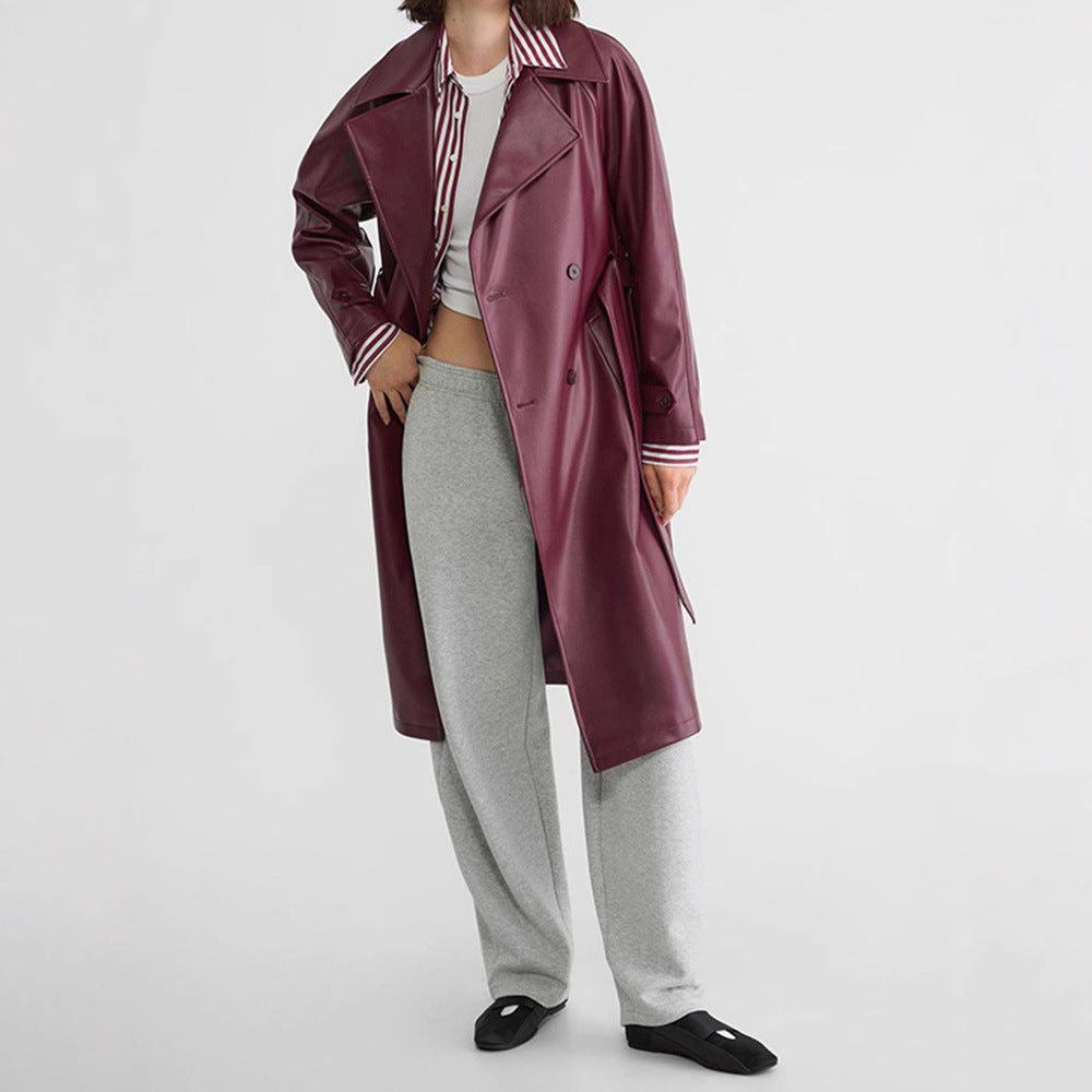 Double-Breasted Leather-Look Trench Coat with Striped Cuffs