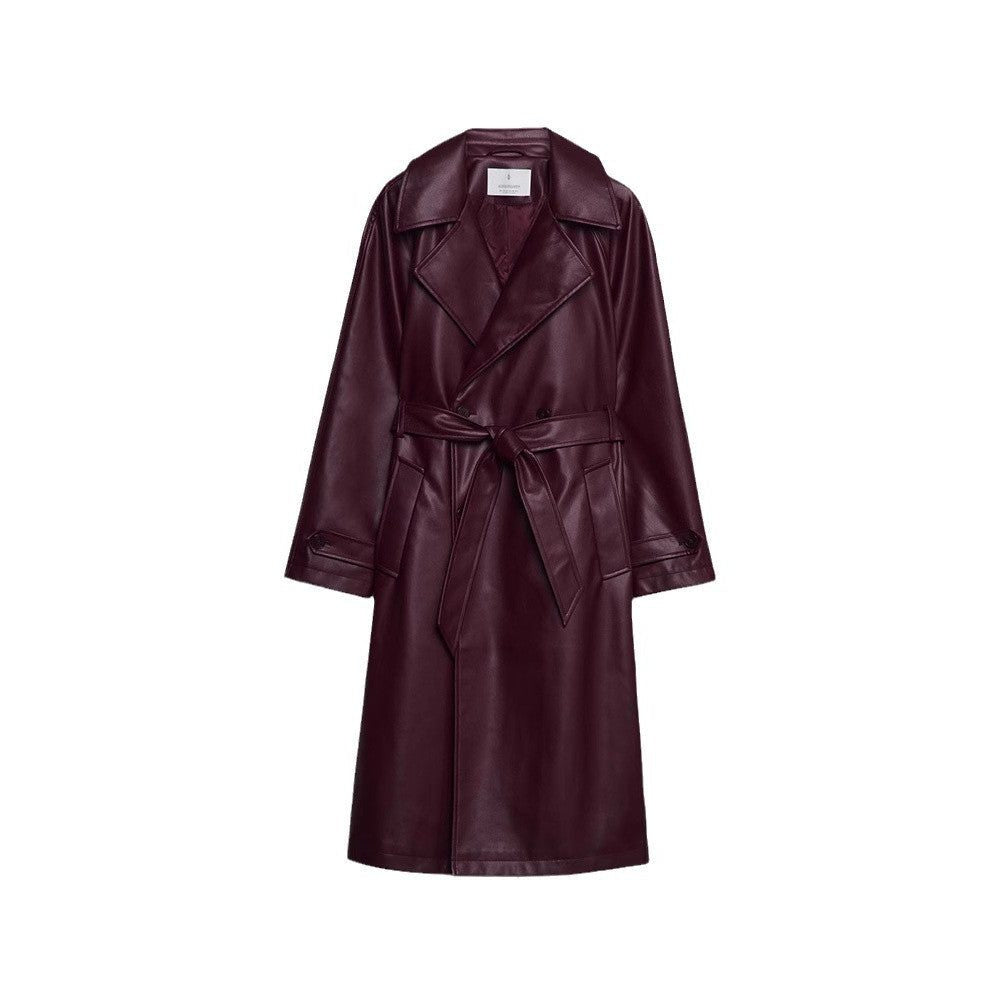 Double-Breasted Leather-Look Trench Coat with Striped Cuffs