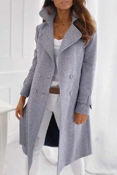 Double-Breasted Longline Coat with Notch Lapels - Light Grey