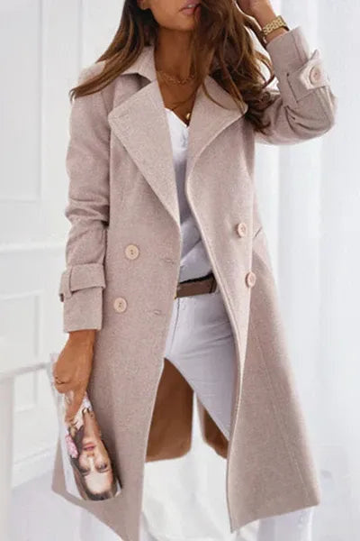 Double-Breasted Longline Coat with Notch Lapels - Beige