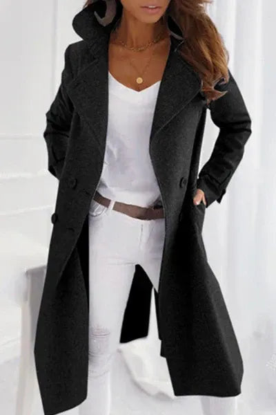 Double-Breasted Longline Coat with Notch Lapels - Black