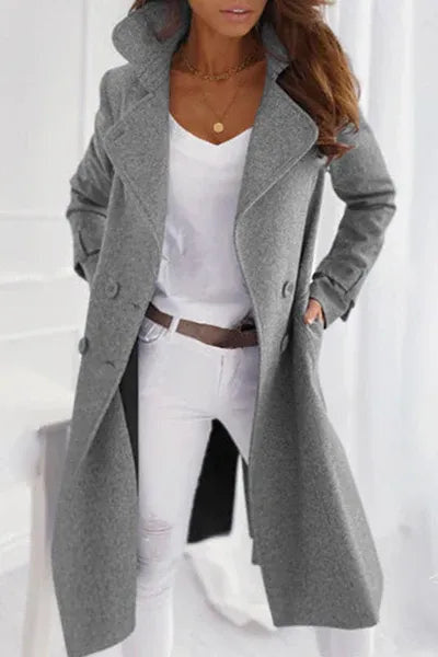 Double-Breasted Longline Coat with Notch Lapels - Grey