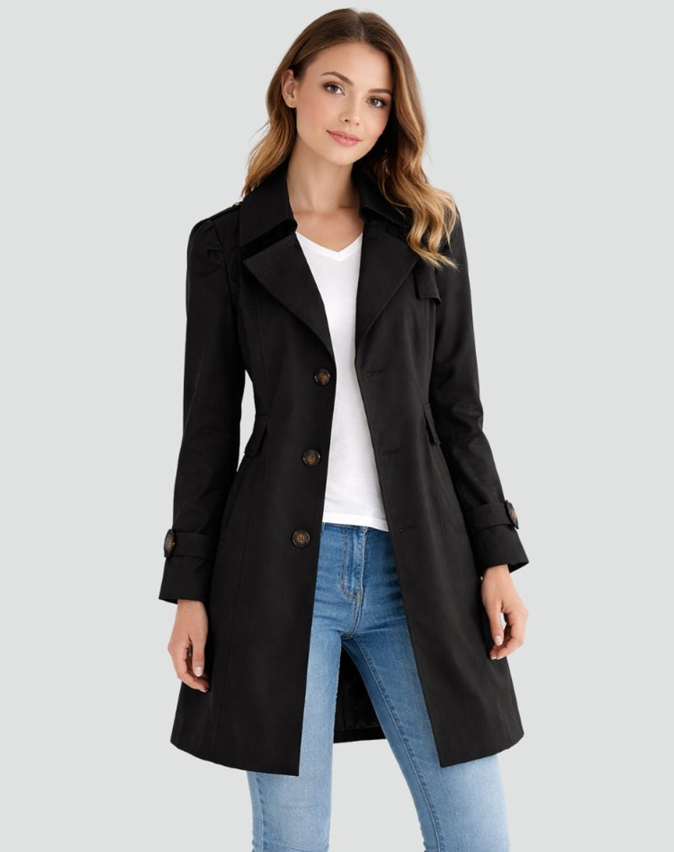 Double-Breasted Mid-Length Trench Coat with Notch Lapels - Black