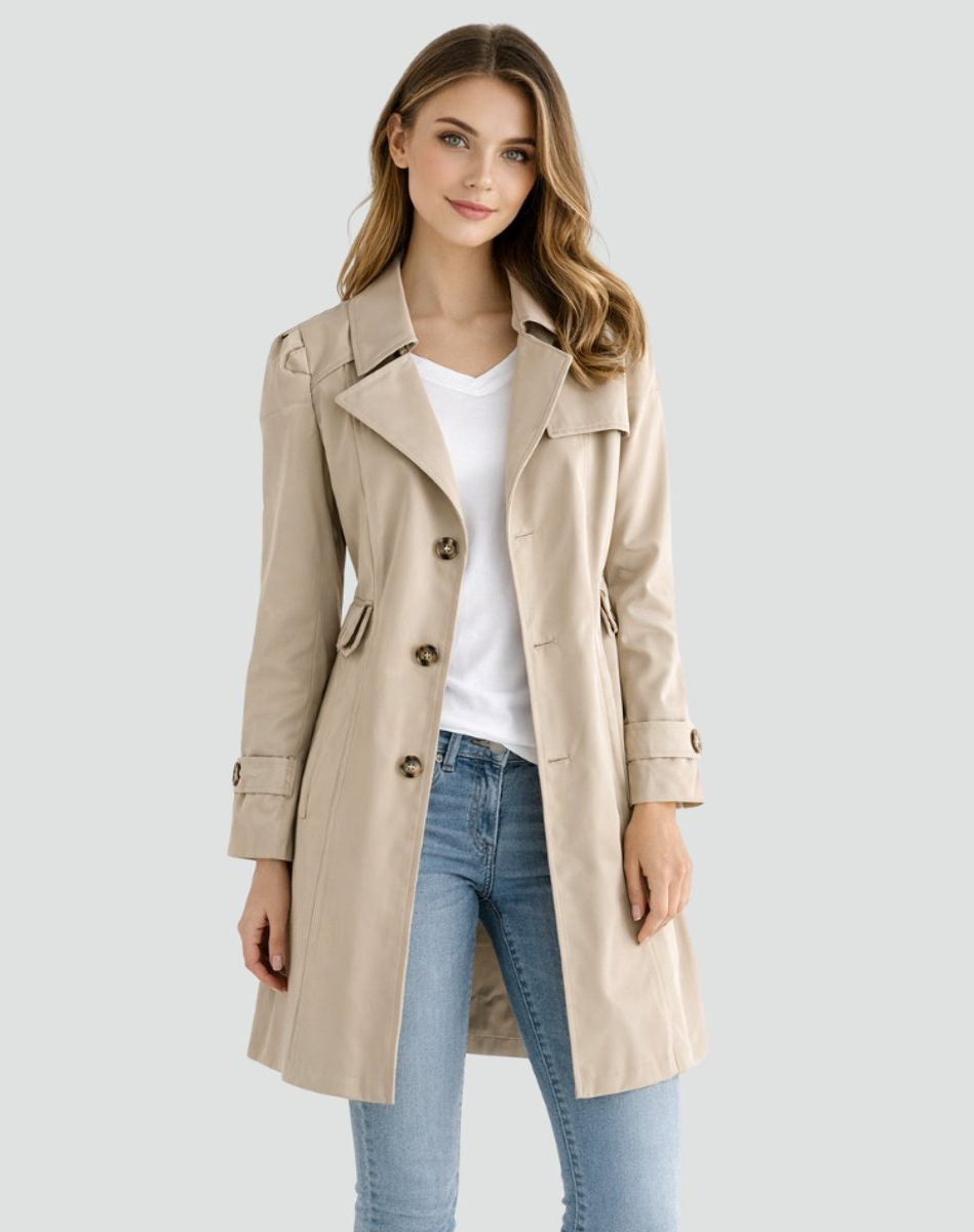 Double-Breasted Mid-Length Trench Coat with Notch Lapels - Khaki