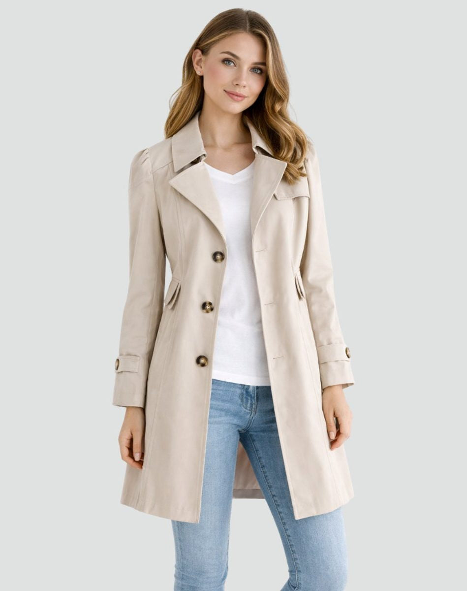 Double-Breasted Mid-Length Trench Coat with Notch Lapels - Beige