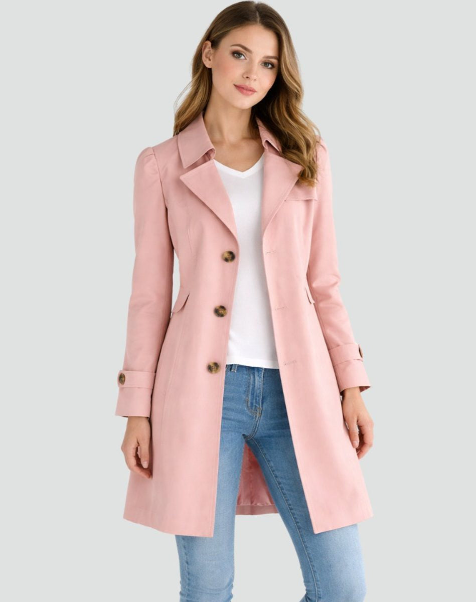 Double-Breasted Mid-Length Trench Coat with Notch Lapels - Pink