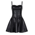 Faux Leather A-Line Mini Dress with Structured Bodice - Black