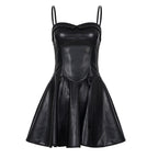 Faux Leather A-Line Mini Dress with Structured Bodice - Black