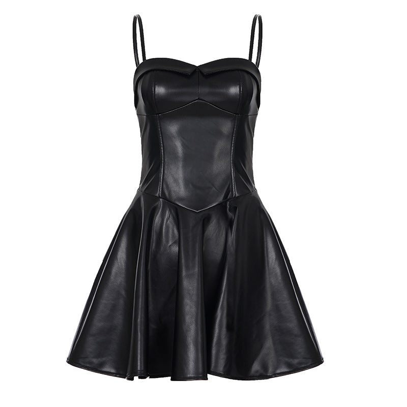 Faux Leather A-Line Mini Dress with Structured Bodice - Black