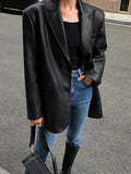 Faux Leather Oversized Blazer with Notch Lapels - Black