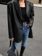 Faux Leather Oversized Blazer with Notch Lapels - Black