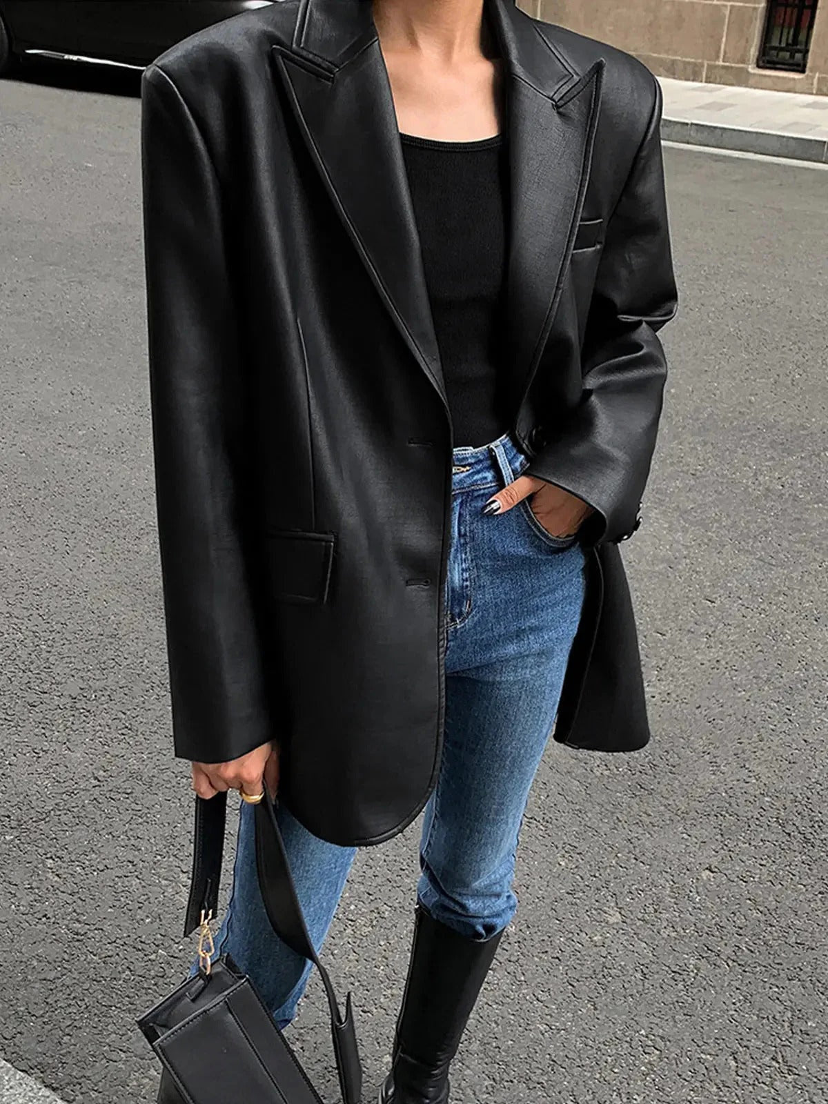 Faux Leather Oversized Blazer with Notch Lapels - Black