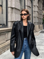 Faux Leather Oversized Blazer with Notch Lapels