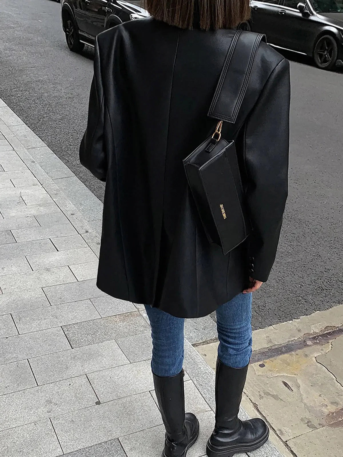 Faux Leather Oversized Blazer with Notch Lapels