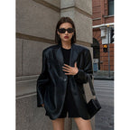 Faux Leather Oversized Blazer with Notch Lapels