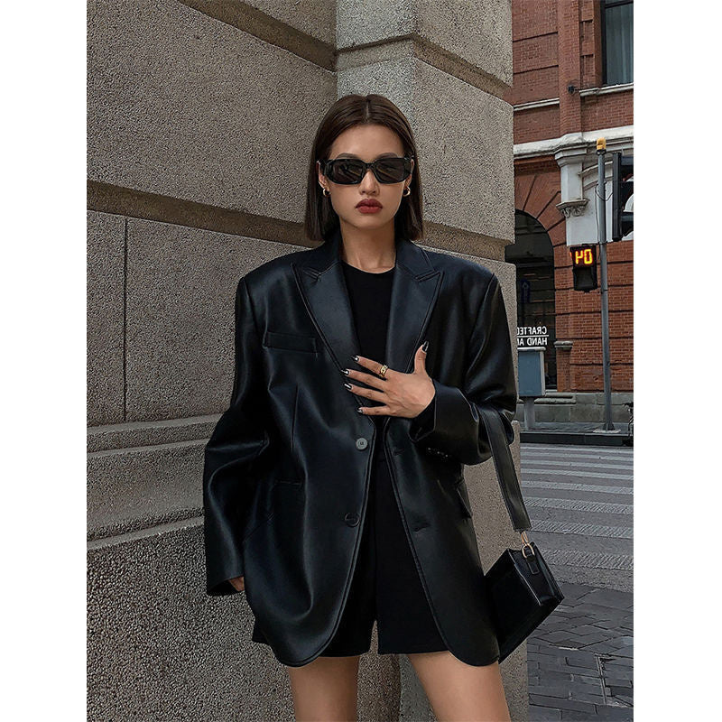 Faux Leather Oversized Blazer with Notch Lapels
