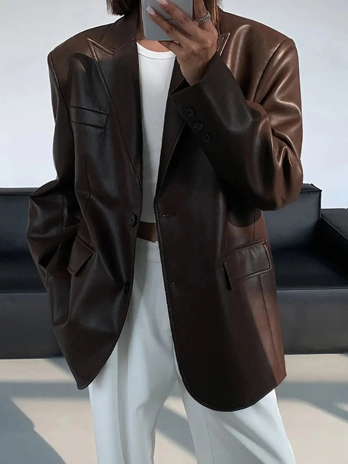 Faux Leather Oversized Blazer with Notch Lapels - Brown