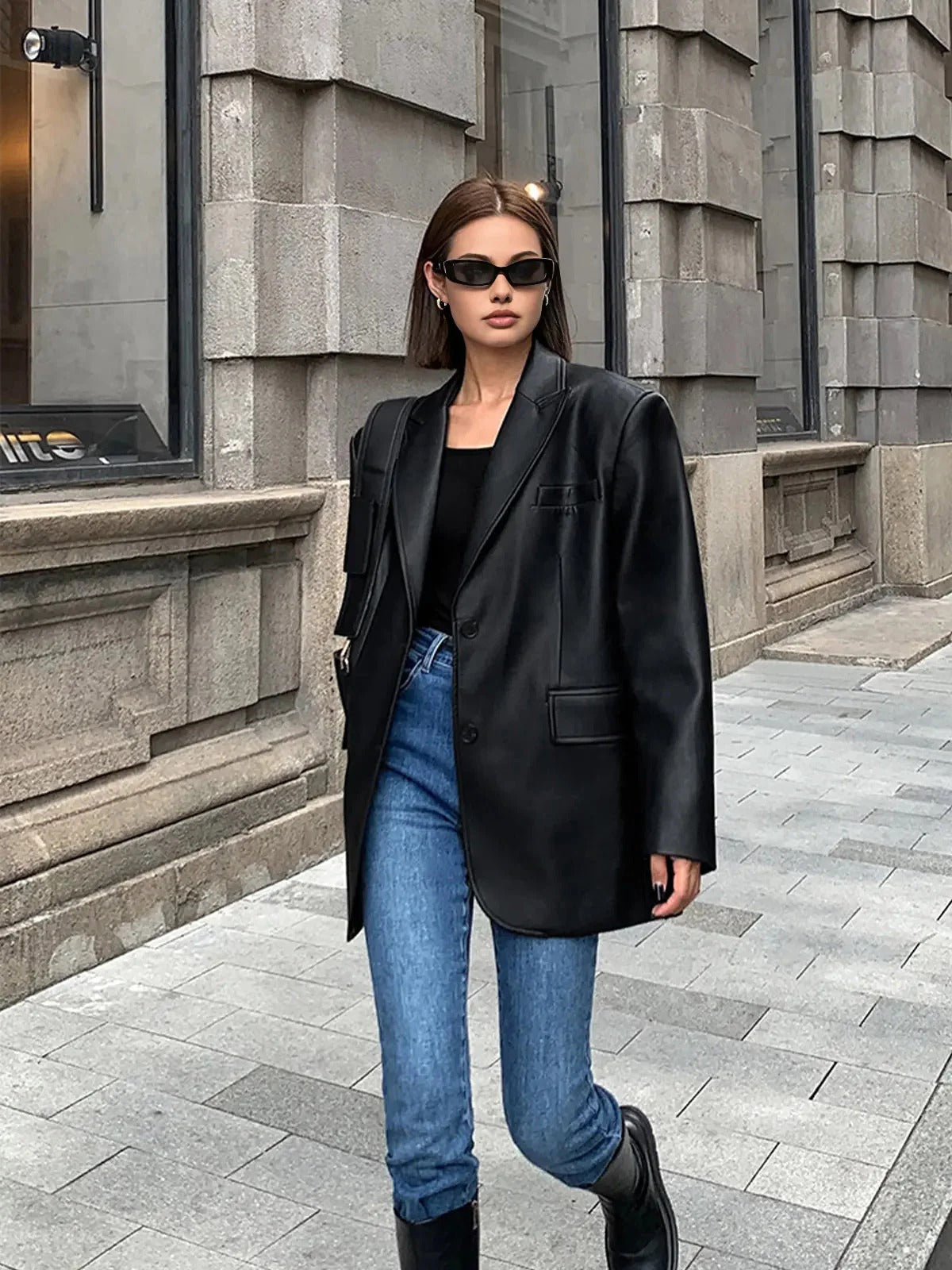 Faux Leather Oversized Blazer with Notch Lapels