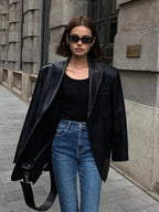Faux Leather Oversized Blazer with Notch Lapels