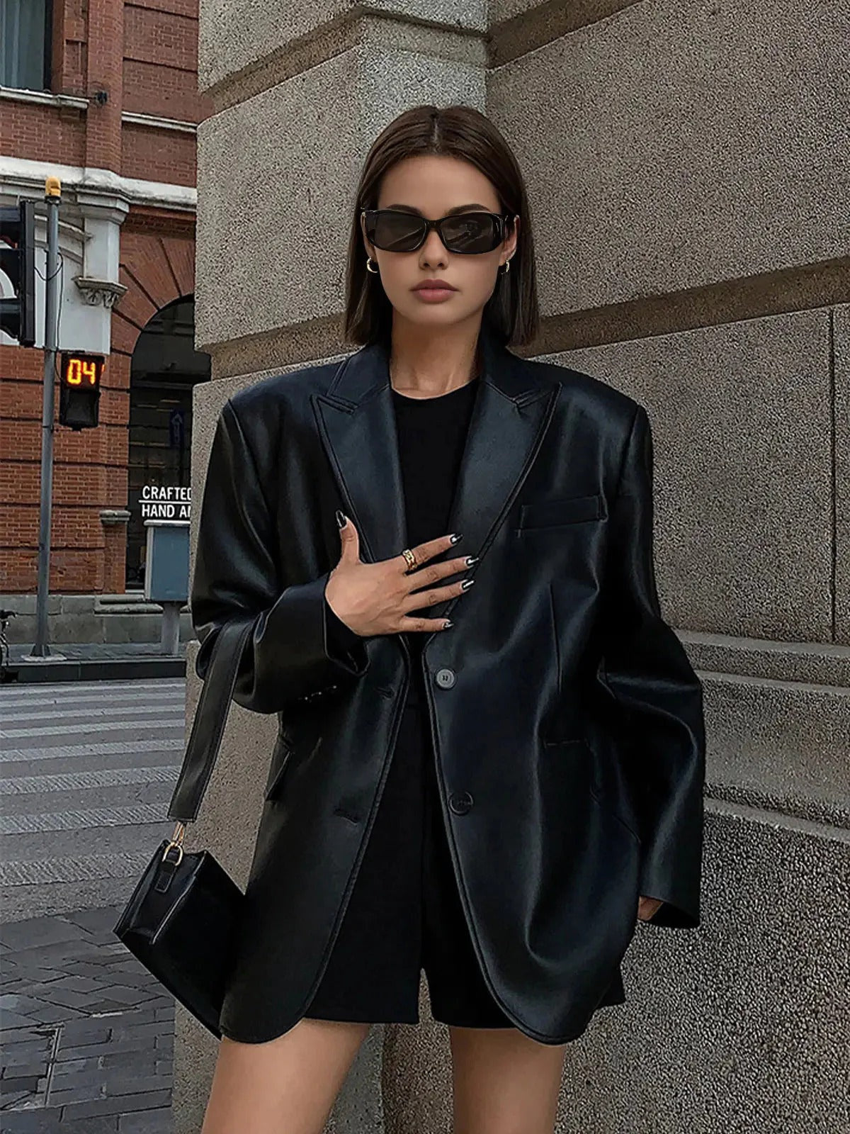 Faux Leather Oversized Blazer with Notch Lapels