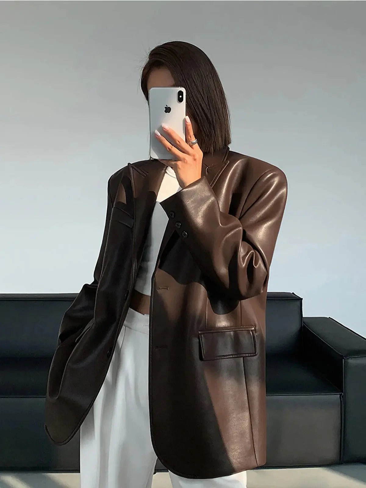 Faux Leather Oversized Blazer with Notch Lapels