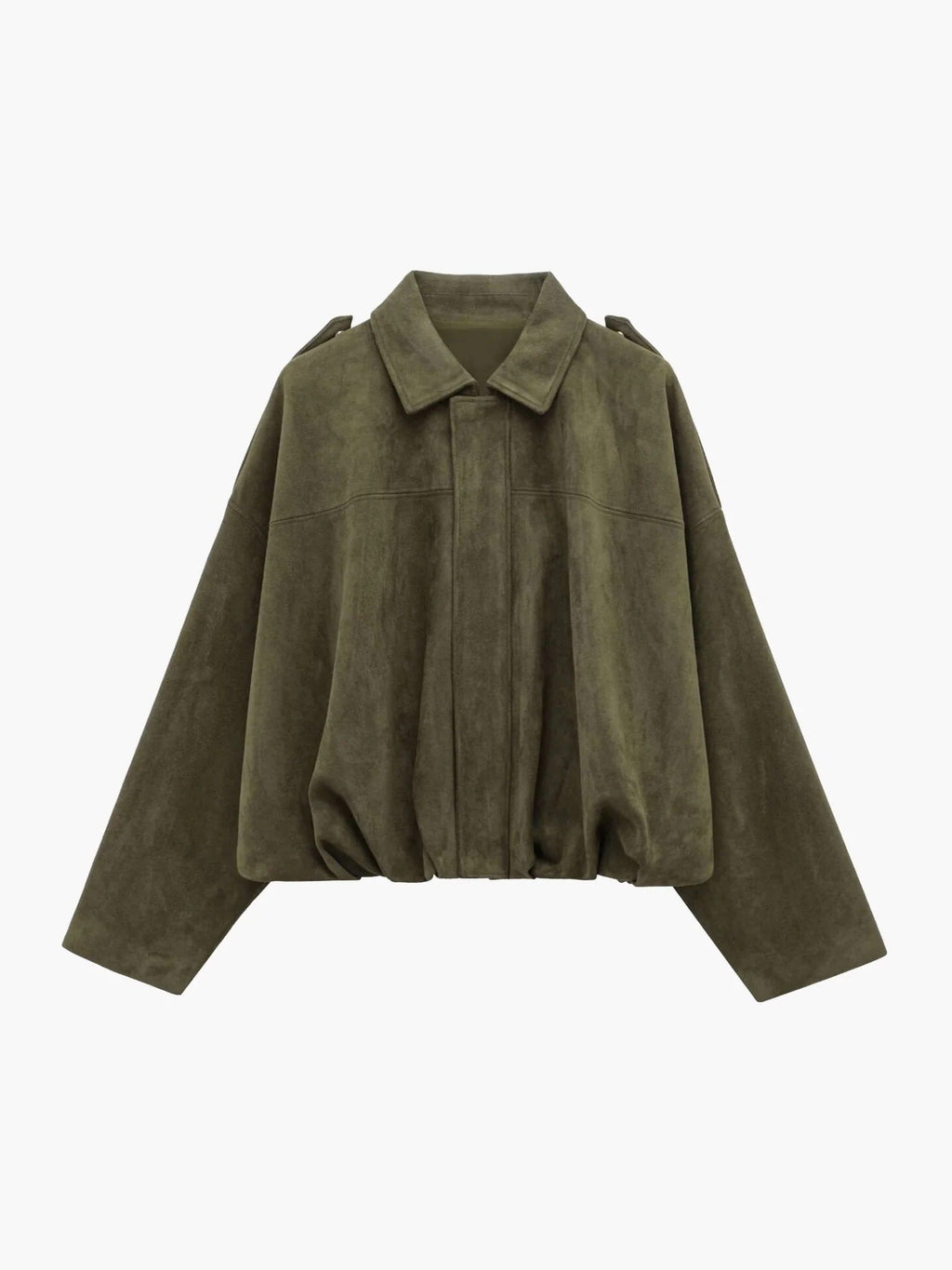 Faux Suede Bomber Jacket with Structured Shirt Collar - Green