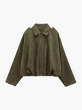 Faux Suede Bomber Jacket with Structured Shirt Collar - Green
