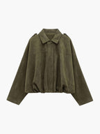 Faux Suede Bomber Jacket with Structured Shirt Collar - Green