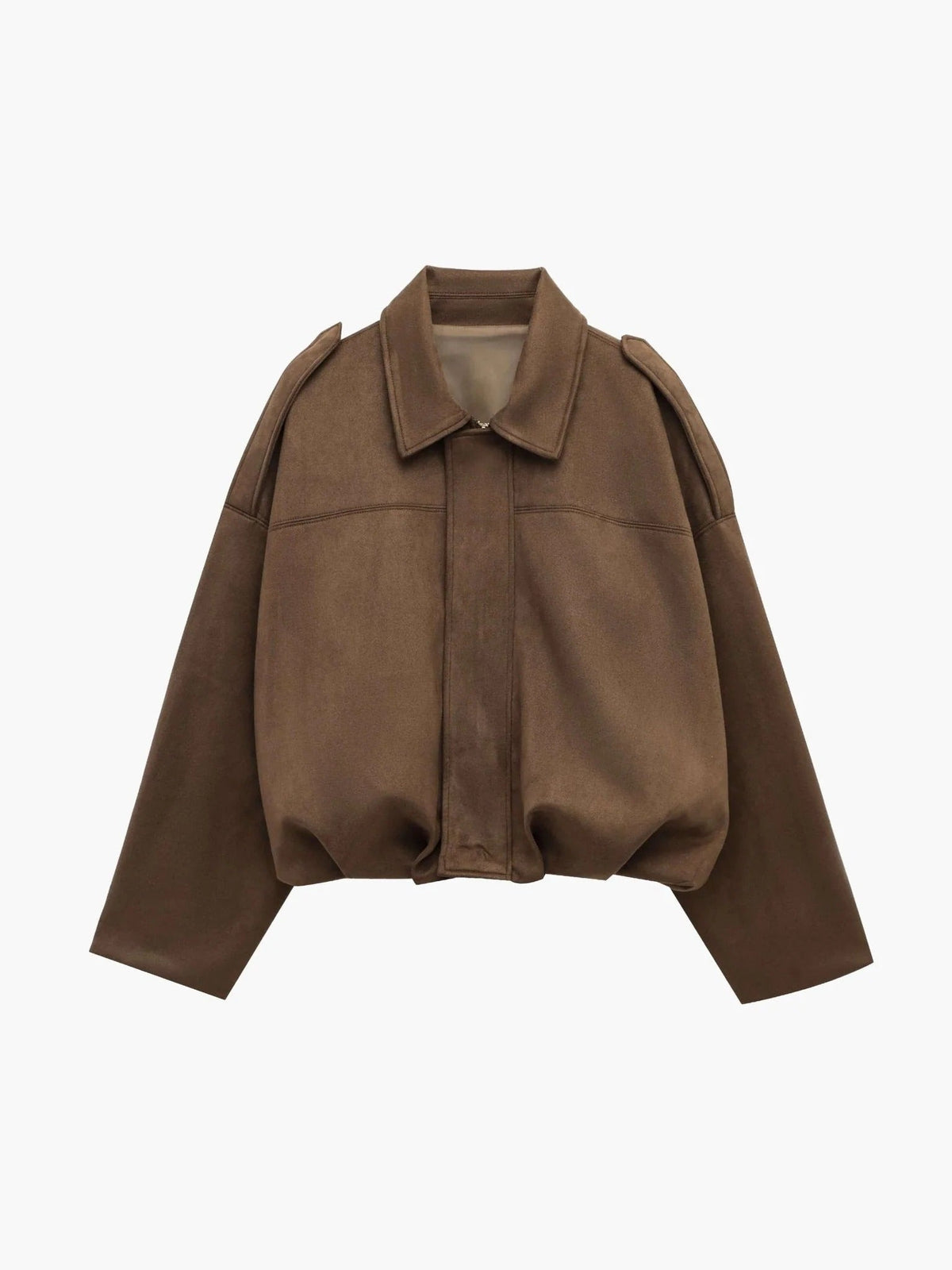 Faux Suede Bomber Jacket with Structured Shirt Collar - Brown