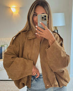 Faux Suede Bomber Jacket with Structured Shirt Collar