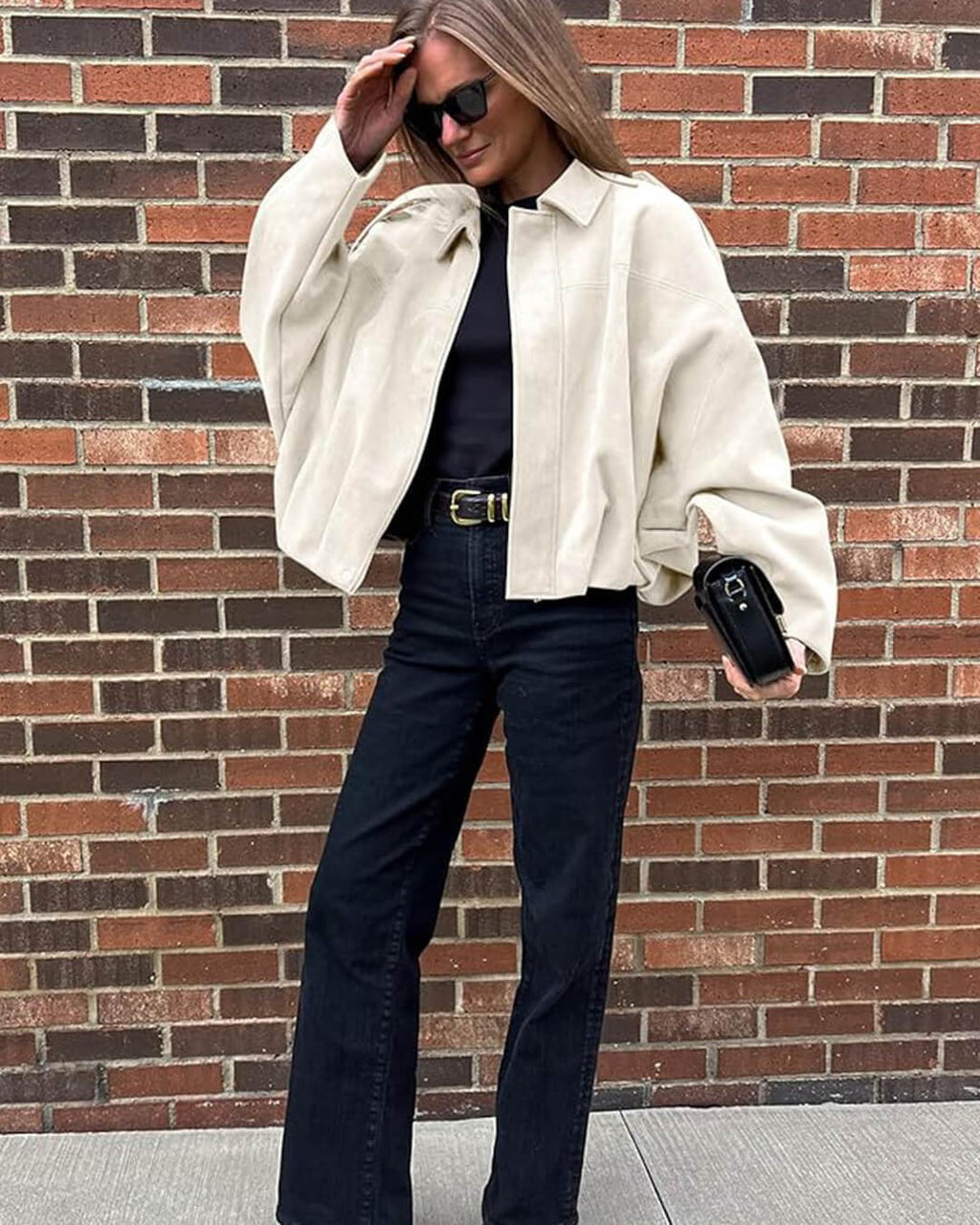 Faux Suede Bomber Jacket with Structured Shirt Collar