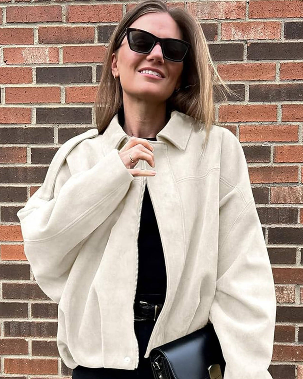 Faux Suede Bomber Jacket with Structured Shirt Collar