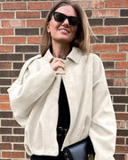 Faux Suede Bomber Jacket with Structured Shirt Collar