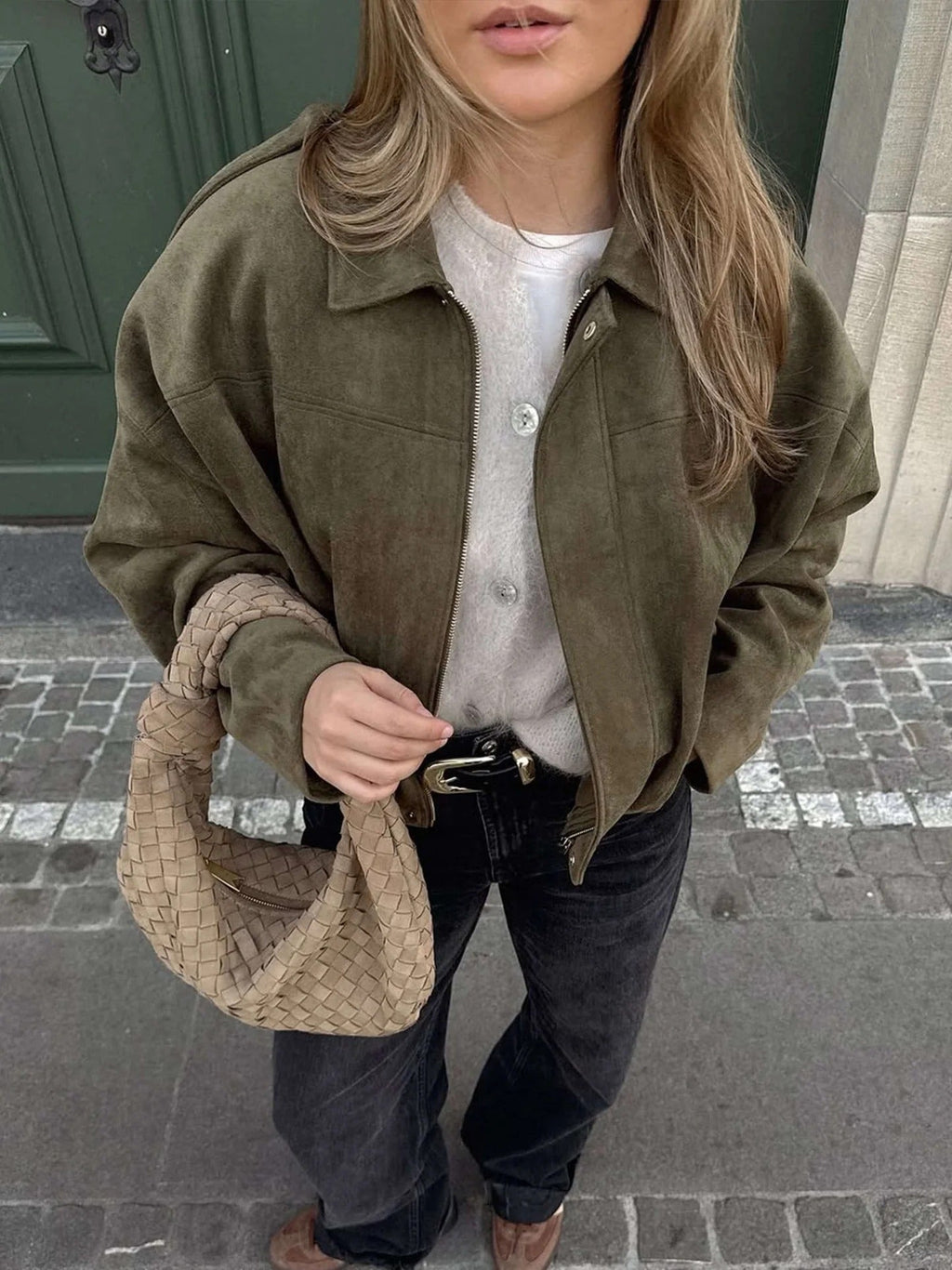 Faux Suede Bomber Jacket with Structured Shirt Collar