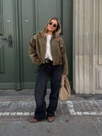 Faux Suede Bomber Jacket with Structured Shirt Collar