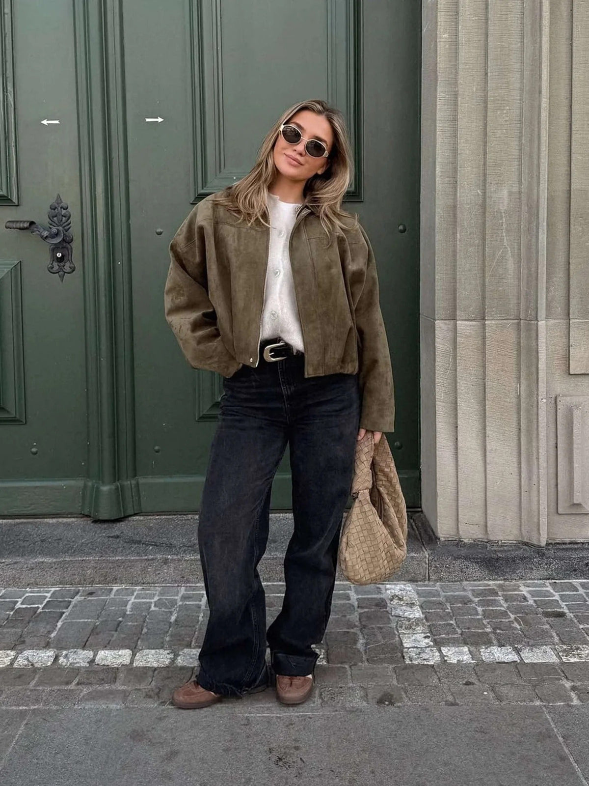 Faux Suede Bomber Jacket with Structured Shirt Collar
