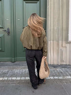 Faux Suede Bomber Jacket with Structured Shirt Collar