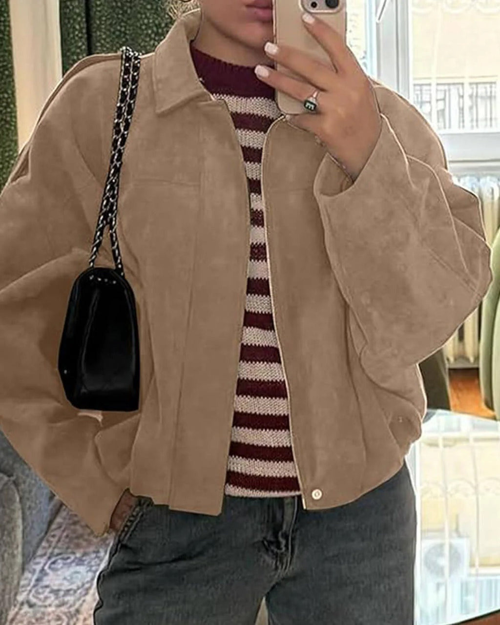 Faux Suede Bomber Jacket with Structured Shirt Collar