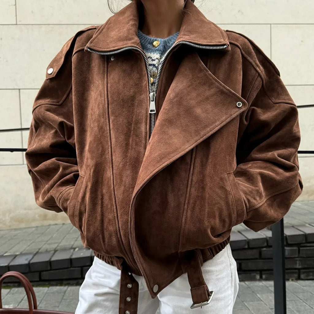 Faux Suede Oversized Bomber Jacket with Zip Front - Brown